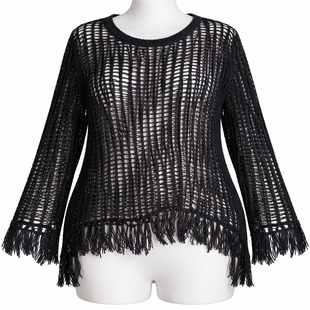 Very J Black Open Knit Crochet Fringe Sweater Womens 1X Festival Beach Hippie
